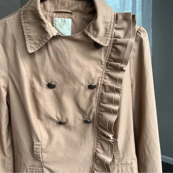 Anthropologie Elevenses Beige Ruffle Trench Coat - Picture 5 of 12